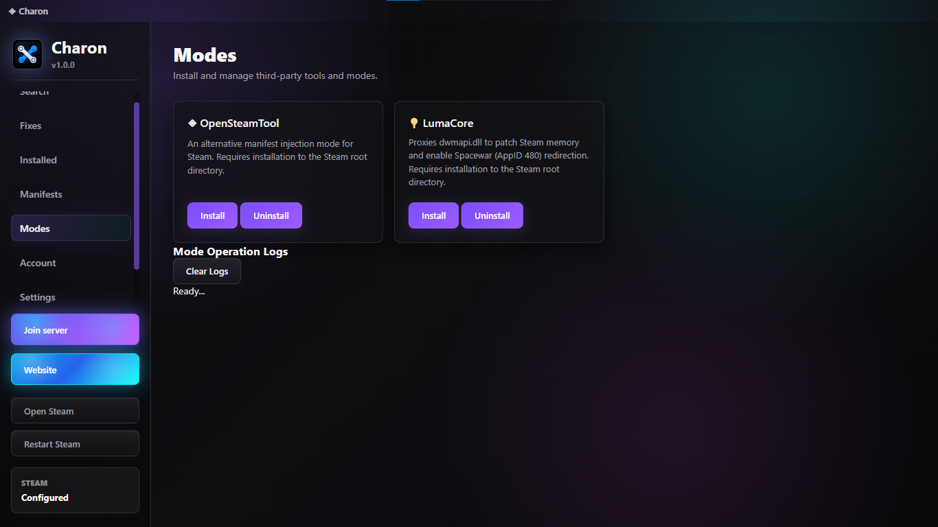 Charon settings screenshot